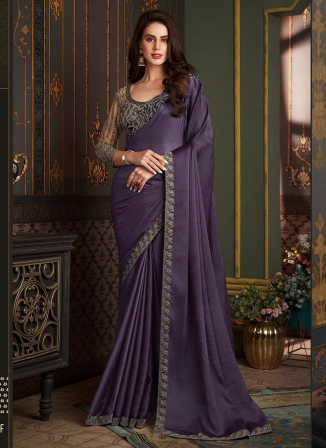 Satin Silk Purple Party Wear Embroidery Work Saree